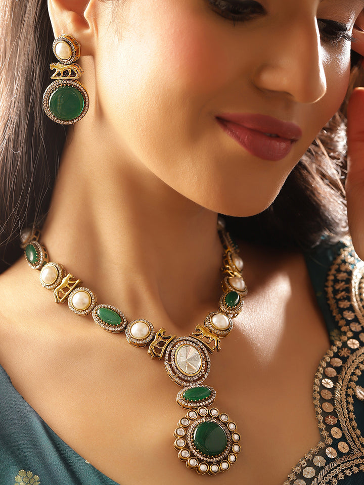 Green Stoned Pearl AD Combo Gold Plated Necklace Drop Earrings Jewellery Set