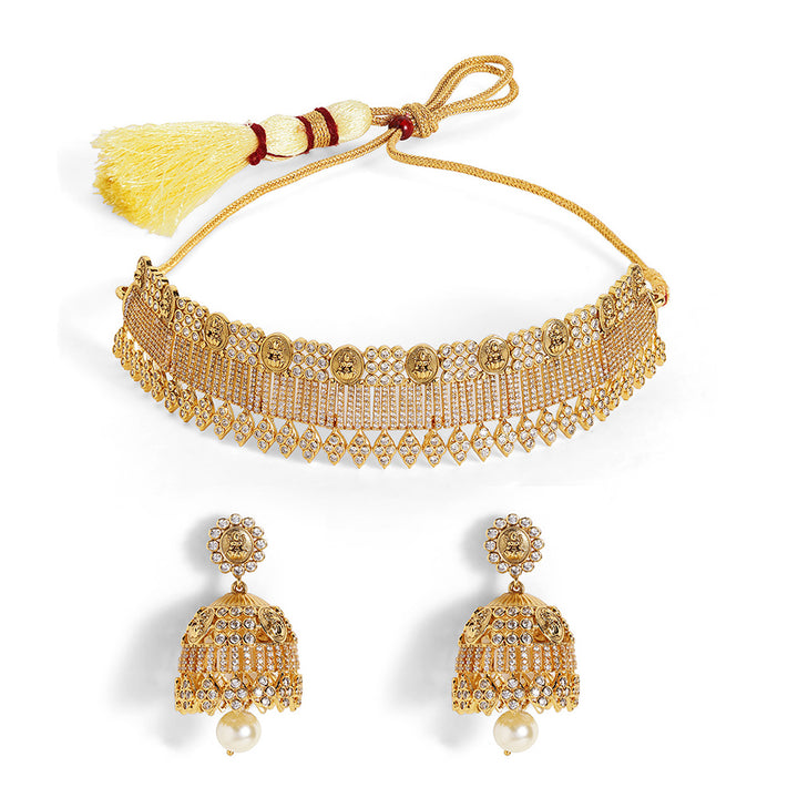 Gold Plated Statement Lakshmi Pattern Chocker Necklace Jhumkis Jewellery Set