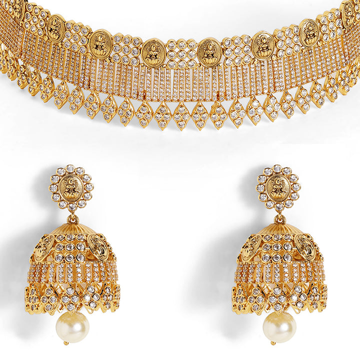 Gold Plated Statement Lakshmi Pattern Chocker Necklace Jhumkis Jewellery Set