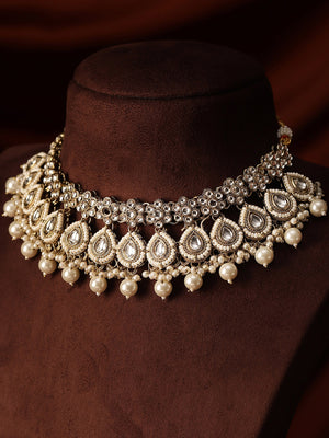Kundan Pearl Elegance Drop Style Choker Necklace and Drop Earrings Jewellery Set