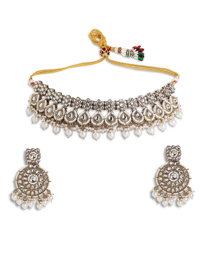 Kundan Pearl Elegance Drop Style Choker Necklace and Drop Earrings Jewellery Set
