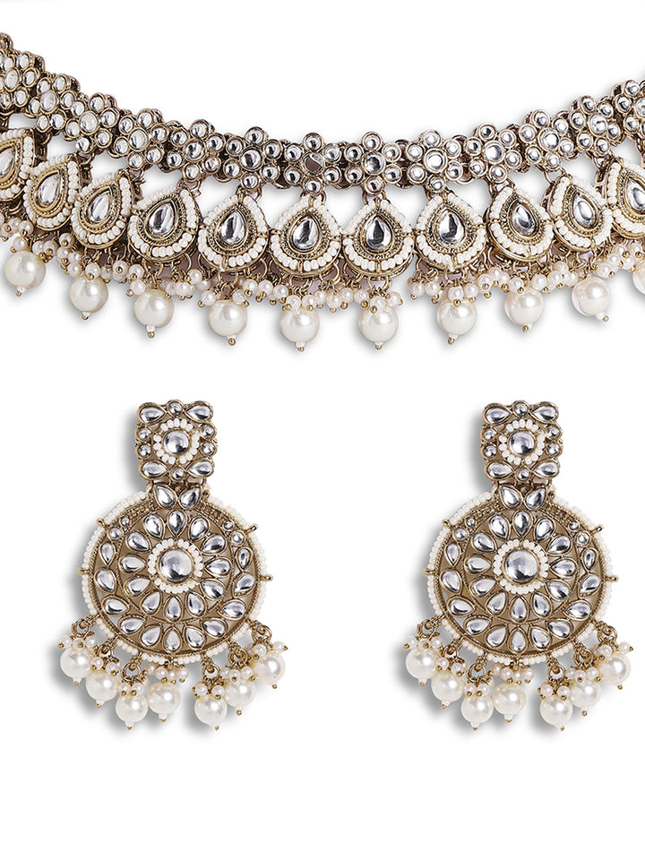 Kundan Pearl Elegance Drop Style Choker Necklace and Drop Earrings Jewellery Set