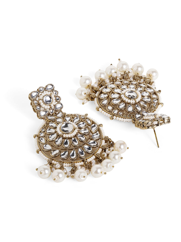 Kundan Pearl Elegance Drop Style Choker Necklace and Drop Earrings Jewellery Set