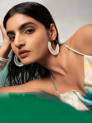 Priyaasi Silver Plated White Beaded Hoops Earrings