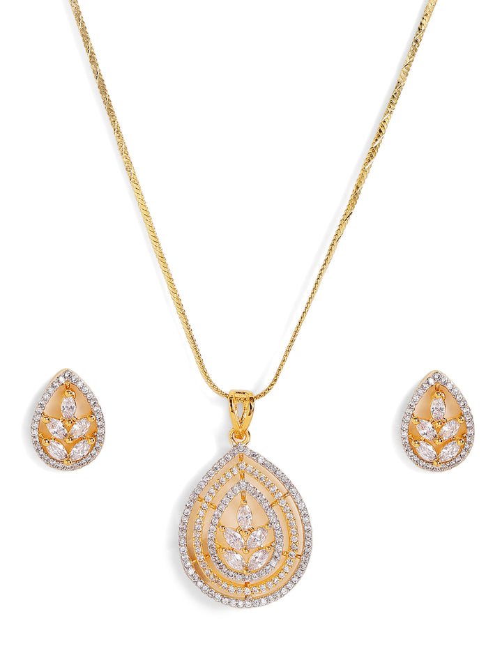 Oval Shaped American Diamond Floral Gold Plated Pendant Stud Earrings Jewellery Set