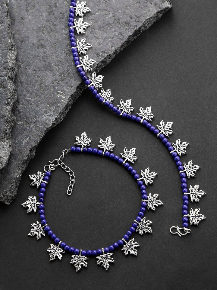 Oxidised Silver-Plated Leaf Design Purple Beaded Adjustable Anklets Set of 2