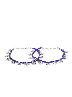 Oxidised Silver-Plated Leaf Design Purple Beaded Adjustable Anklets Set of 2