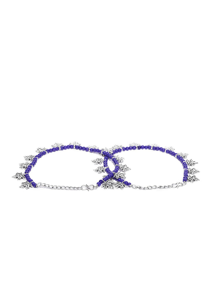Oxidised Silver-Plated Leaf Design Purple Beaded Adjustable Anklets Set of 2