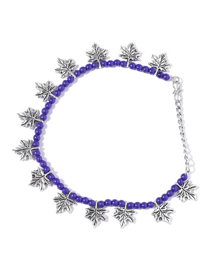 Oxidised Silver-Plated Leaf Design Purple Beaded Adjustable Anklets Set of 2