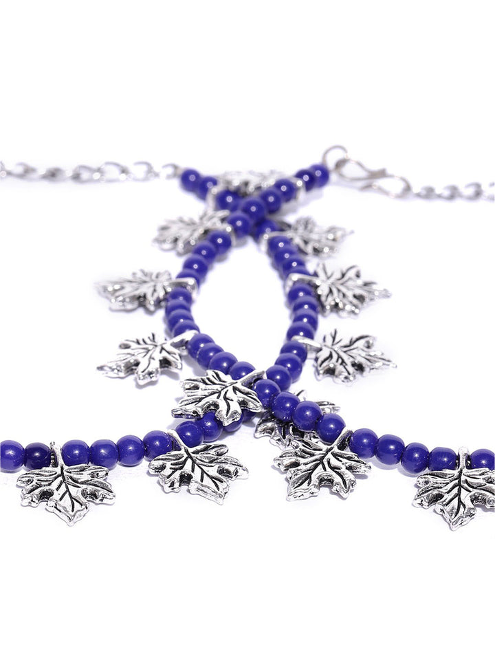 Oxidised Silver-Plated Leaf Design Purple Beaded Adjustable Anklets Set of 2