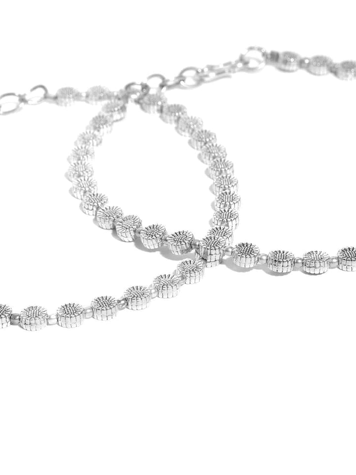 Oxidised Silver Circular Pattern Handcrafted Anklets Set Of 2