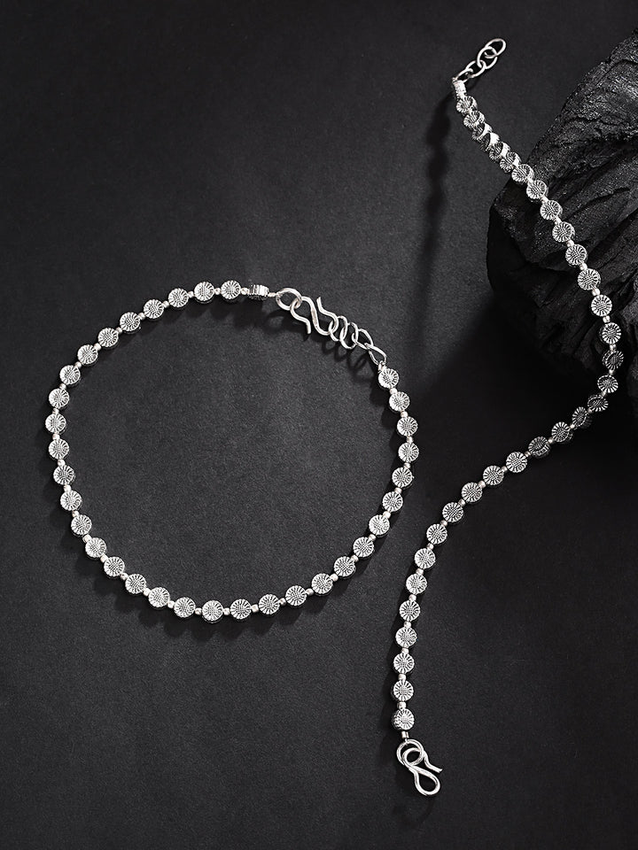 Oxidised Silver Circular Pattern Handcrafted Anklets Set Of 2
