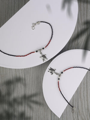 Red Black Stones Studded Silver Plated Oxidised Anklets