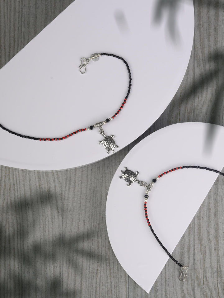 Red Black Stones Studded Silver Plated Oxidised Anklets