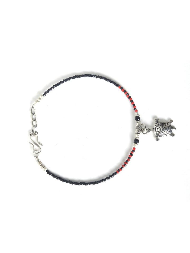 Red Black Stones Studded Silver Plated Oxidised Anklets