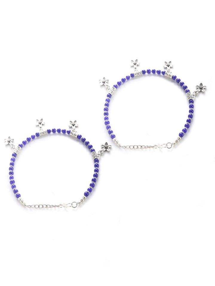 Blue Stones Studded German Silver Plated Oxidized Anklets