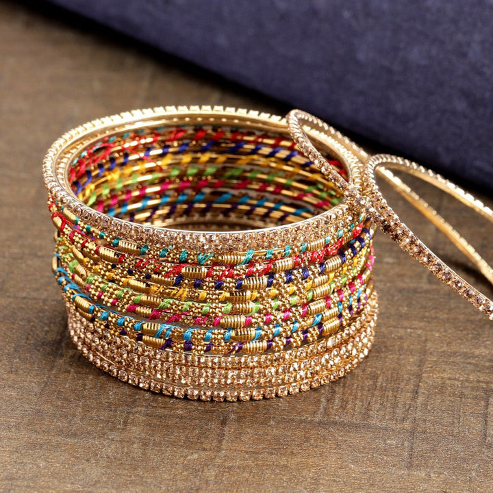 Set of 16 Multicolour Thread Work and Stones Studded Bangles