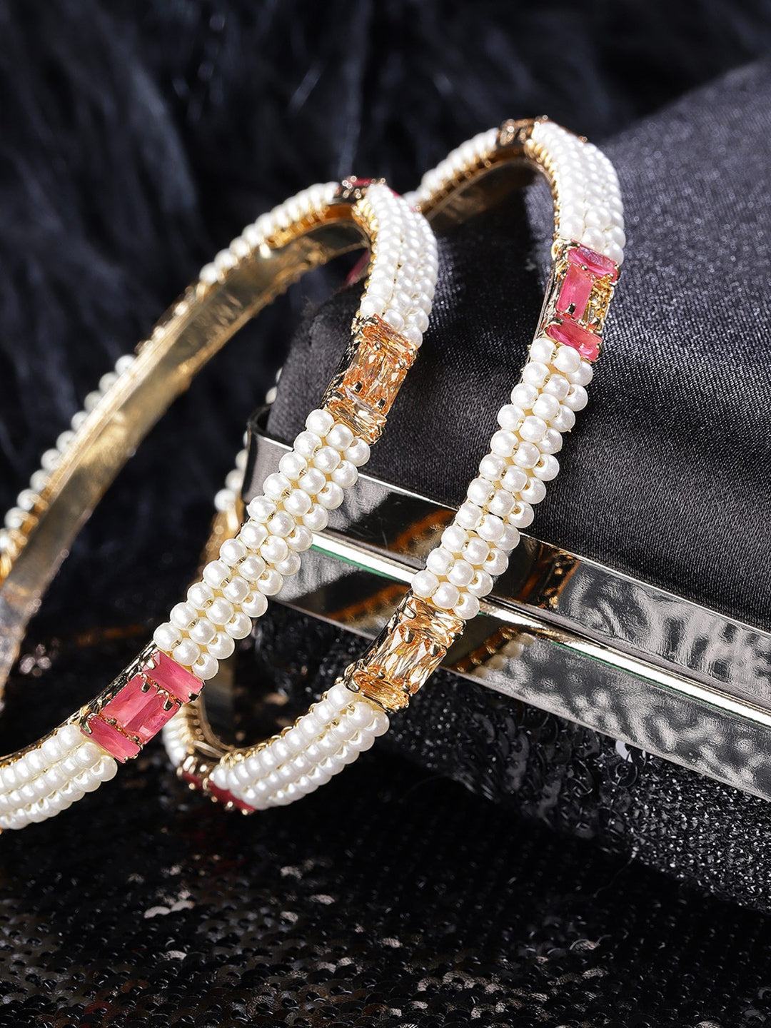 Set Of 2 Gold-Plated Pearls and Stones Studded Bangles in Pink and White Color