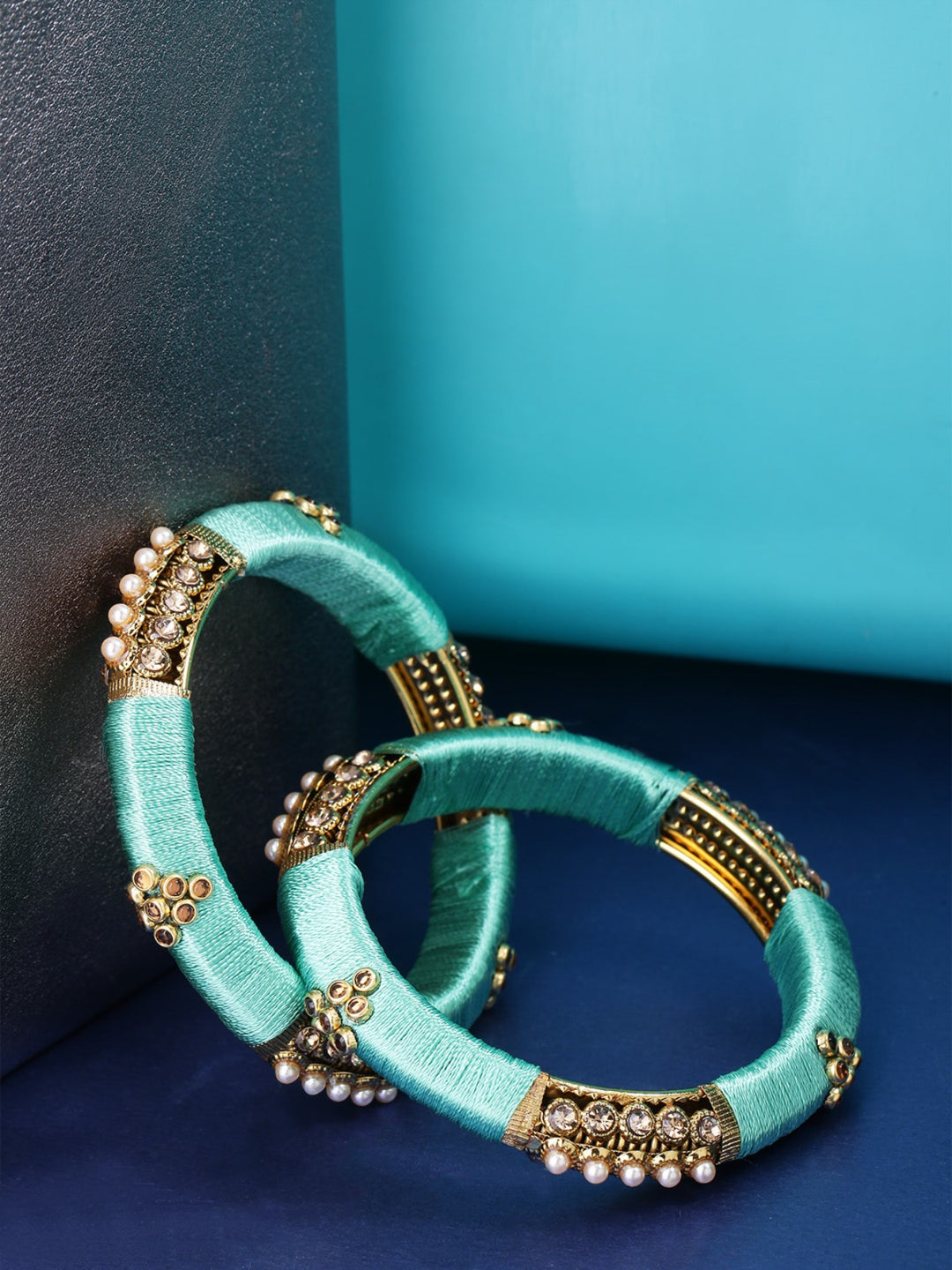 Designer Stone and Pearl Studded Gold Plated Mint Green Colour Silk Threaded Latest Stylish Traditional Bangles For Women And Girls Set Of 2