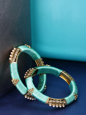 Designer Stone and Pearl Studded Gold Plated Mint Green Colour Silk Threaded Latest Stylish Traditional Bangles For Women And Girls Set Of 2
