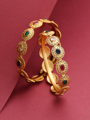 Set Of 2 Gold-Plated Multicolored Stones Studded Bangles in Floral Pattern