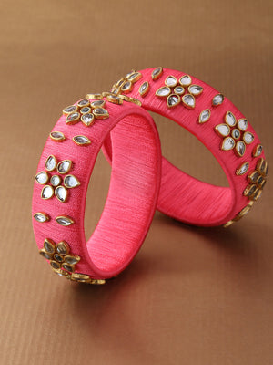 Set Of 2 Kundan Studded Coral Pink Threaded Bangles in Floral Pattern