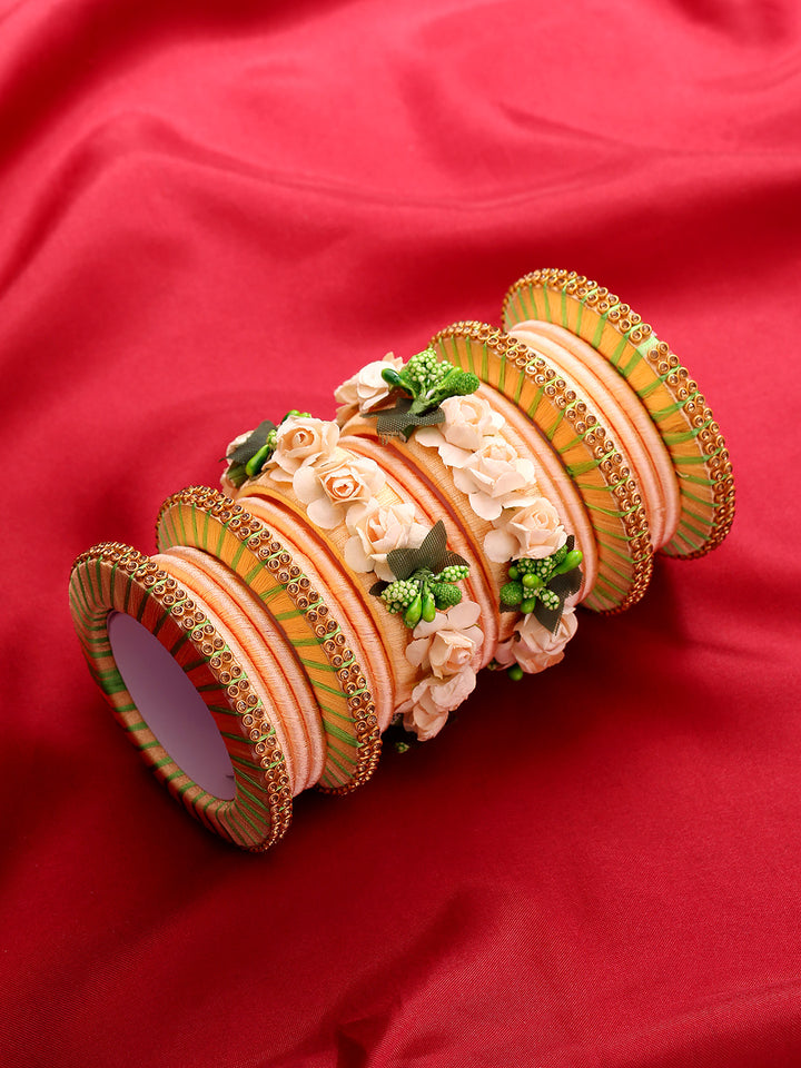 Set Of 18 Floral Handcrafted Silk Threaded Bangles For Mehandi in Peach And Green Color