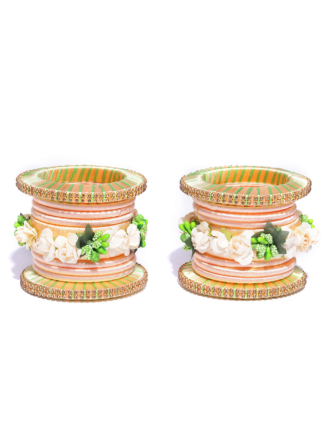 Set Of 18 Floral Handcrafted Silk Threaded Bangles For Mehandi in Peach And Green Color