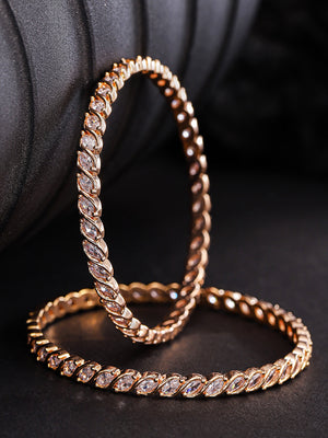 Set of 2 Rose Gold Plated Leaf Design American Diamond Studded Bangles