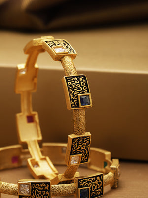 Set Of 2 Gold-Plated Multicolor Stones Studded Geometric Bangles