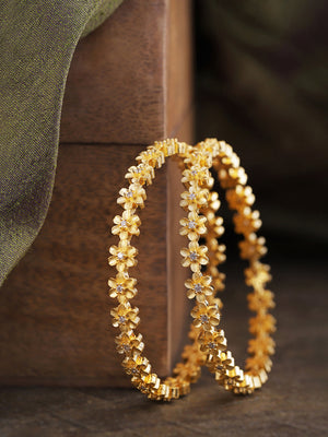 Set Of 2 Gold-Plated Stones Studded Bangles in Floral Pattern