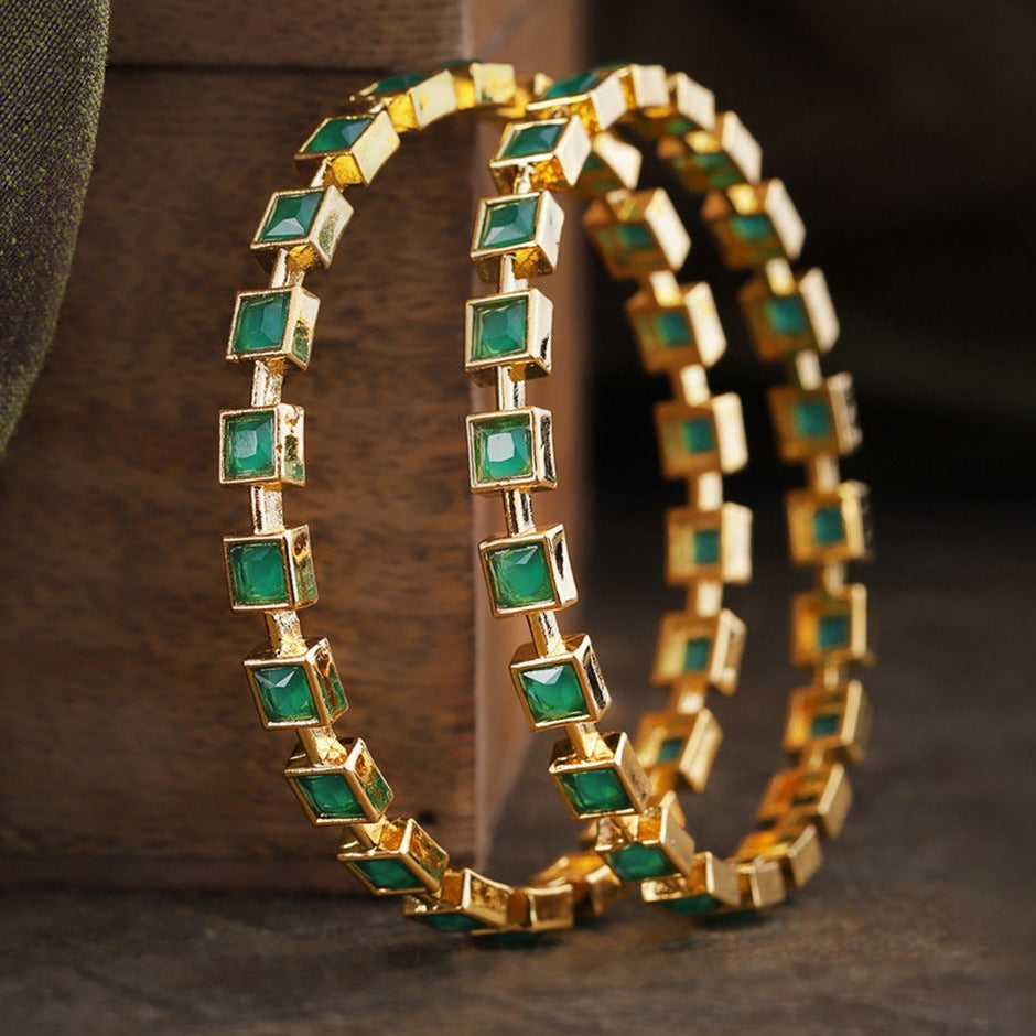 Set Of 2 Gold-Plated Geometric Shape Emerald Studded Bangles