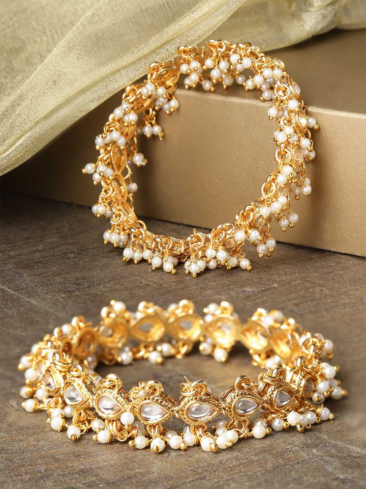 Set Of 2 Gold-Plated Kundan Studded Off-White Bead Drop Bangles