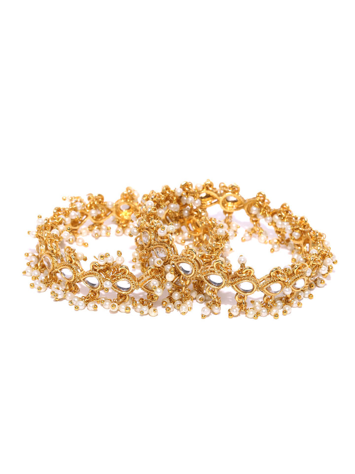 Set Of 2 Gold-Plated Kundan Studded Off-White Bead Drop Bangles
