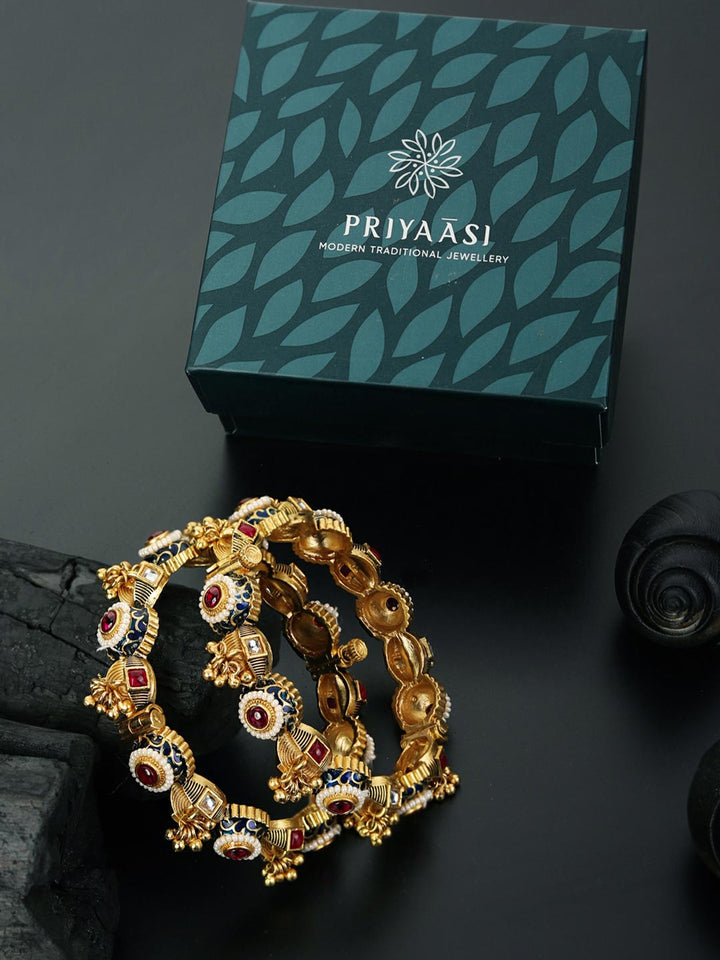 Royal Heirloom - Ruby Beads Kundan Ghungroo Meenakari Gold Plated Set of 2 Bangles