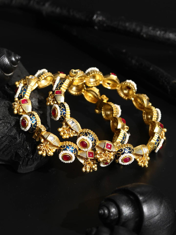 Royal Heirloom - Ruby Beads Kundan Ghungroo Meenakari Gold Plated Set of 2 Bangles