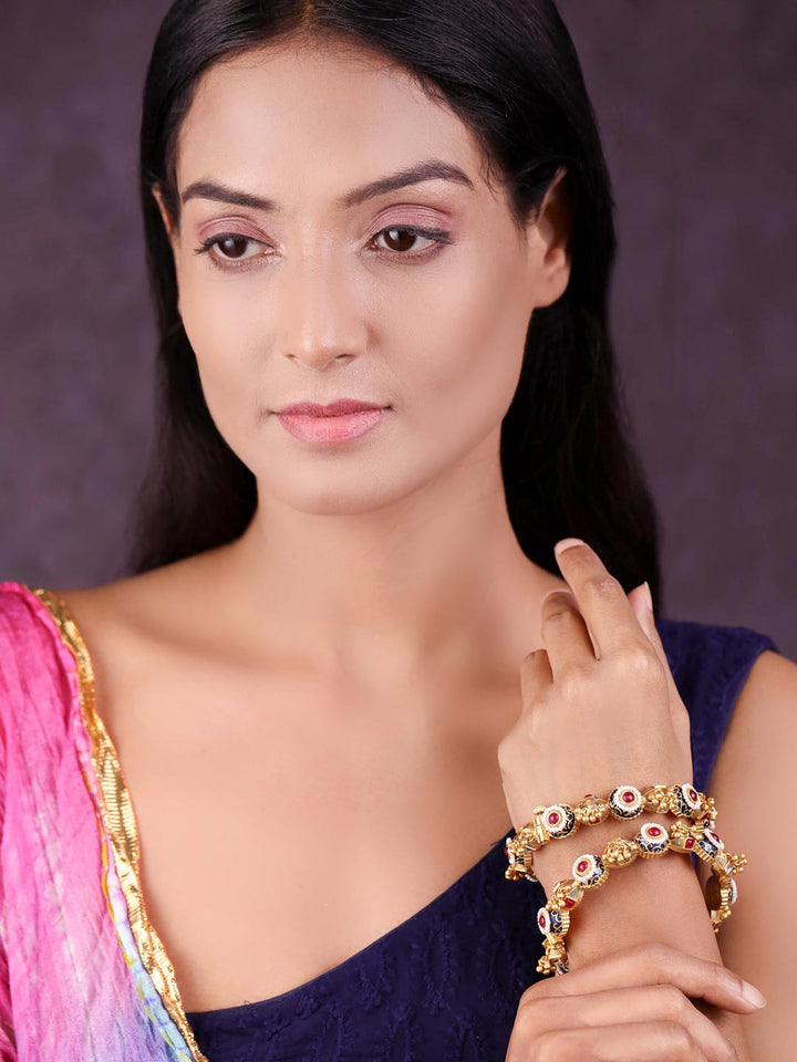 Royal Heirloom - Ruby Beads Kundan Ghungroo Meenakari Gold Plated Set of 2 Bangles