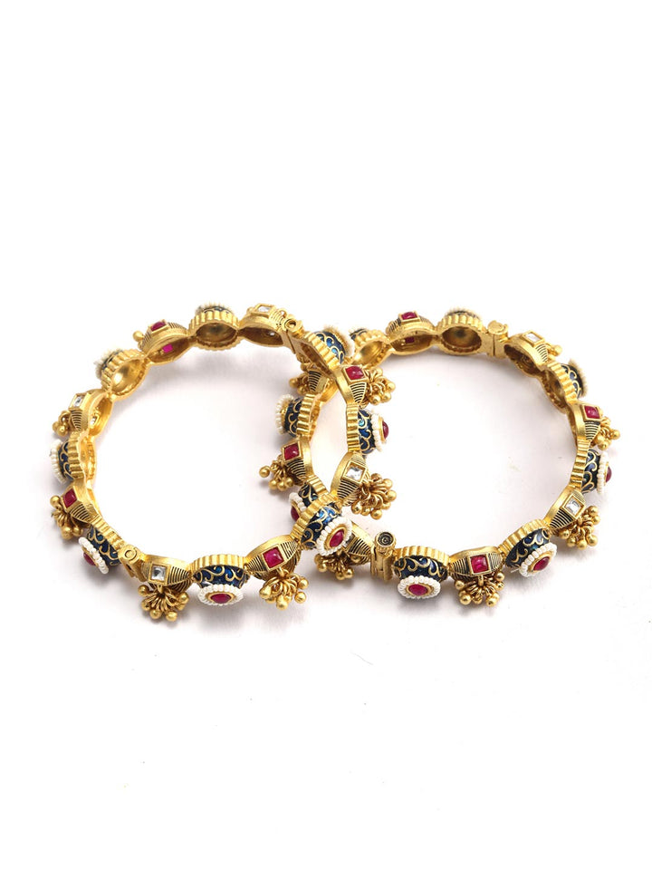 Royal Heirloom - Ruby Beads Kundan Ghungroo Meenakari Gold Plated Set of 2 Bangles