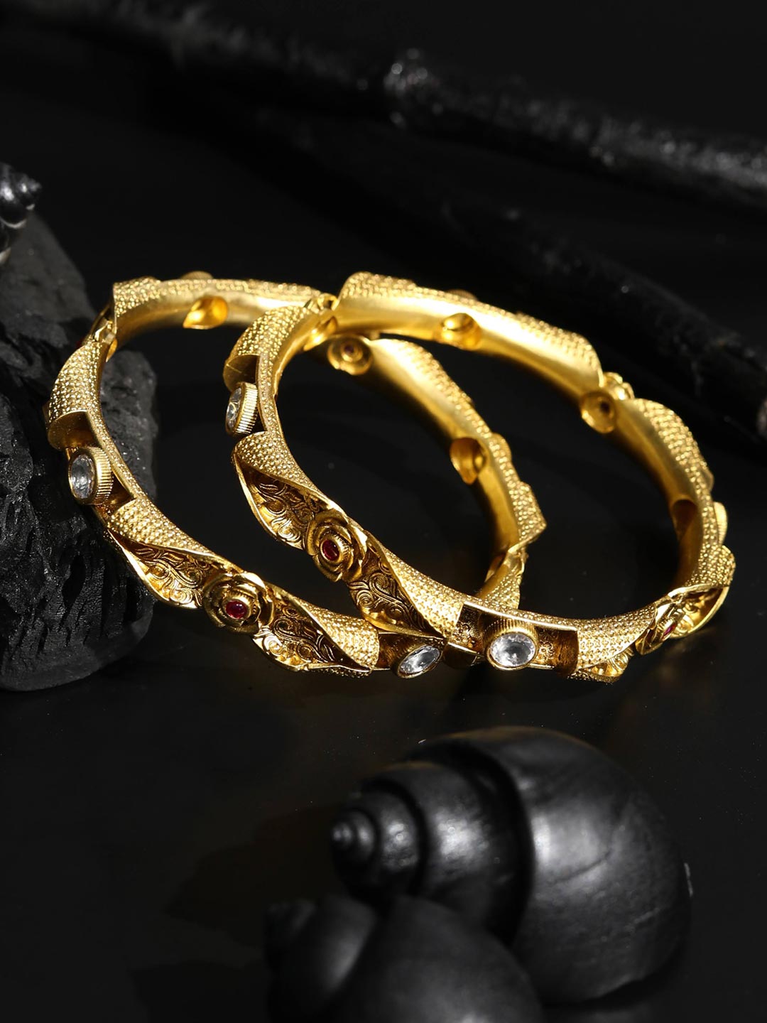 Artificial Stones Gold Plated Floral Set of Bangle Set