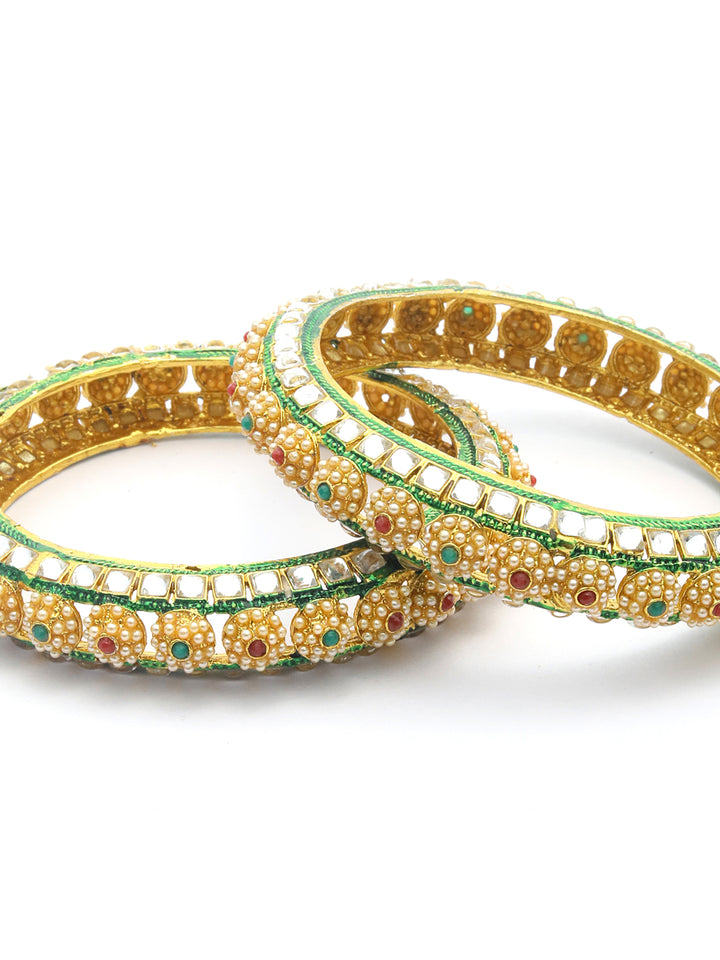 Multi Color Kundan Pearls Gold Platted Set Of 2 Bangles