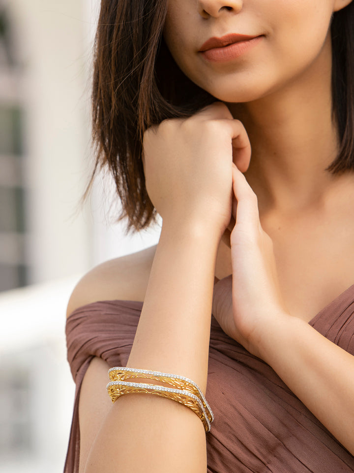 Allure Wings - Square American Diamond Gold Plated Set of 2 Bangles
