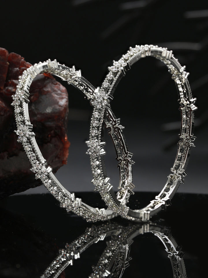 Floral American Diamond Silver-Plated Bangle Set of 2