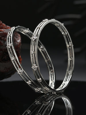 Multilayer Flower Link AD Studded Silver-Plated Bangle Set of 2