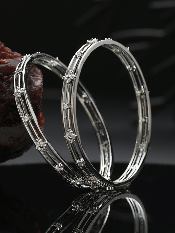 Multilayer Flower Link AD Studded Silver-Plated Bangle Set of 2