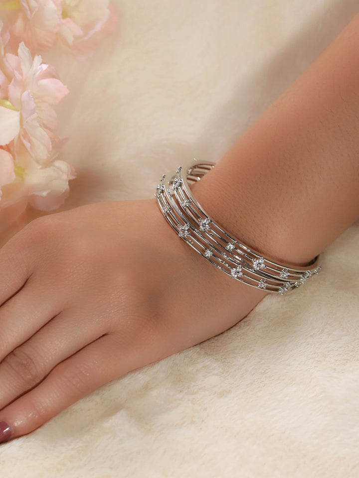 Multilayer Flower Link AD Studded Silver-Plated Bangle Set of 2