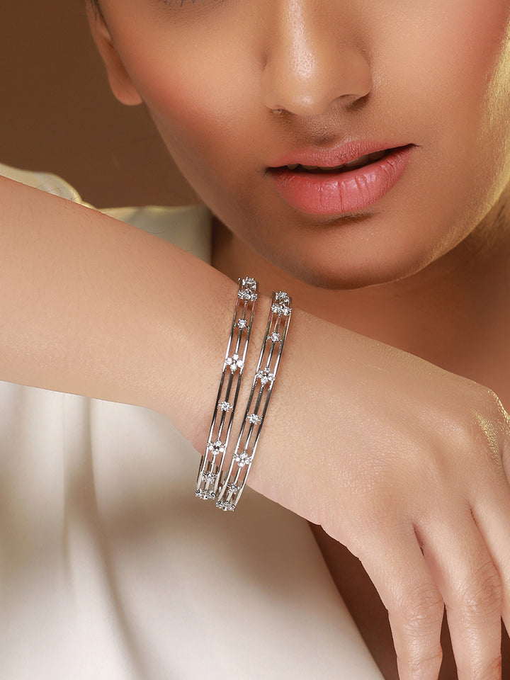 Multilayer Flower Link AD Studded Silver-Plated Bangle Set of 2