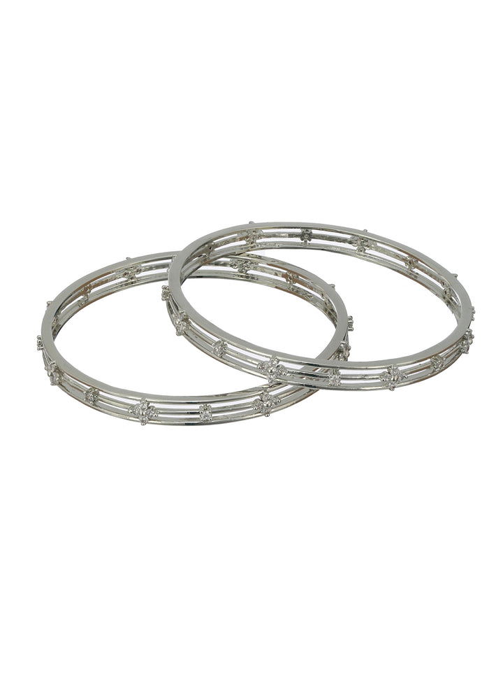 Multilayer Flower Link AD Studded Silver-Plated Bangle Set of 2