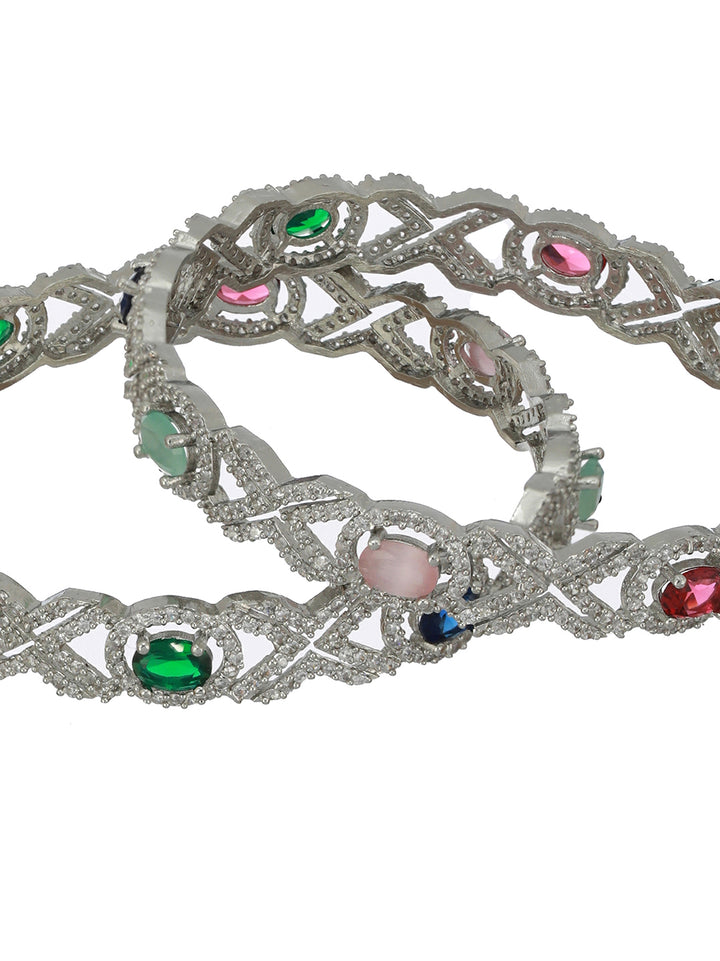 Blue Green Stone Studded AD Silver-Plated Bangle Set of 2