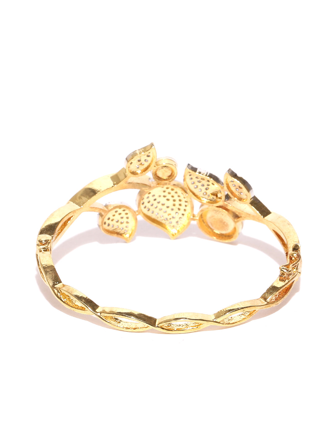 Gold-Plated American Diamond and Pearls Studded Bracelet in Floral Pattern