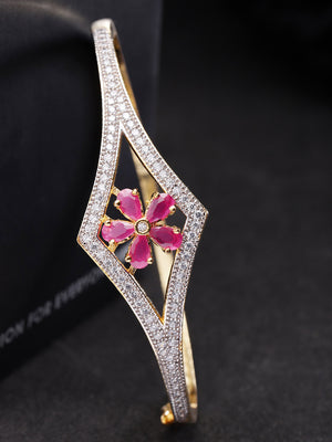 Geometric Shape Designer Gold Plated White And Pink American Diamond Bracelet For Women And Girls